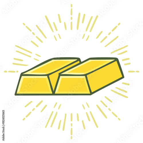 Cartoon gold bars with radiating light, wealth and success concept