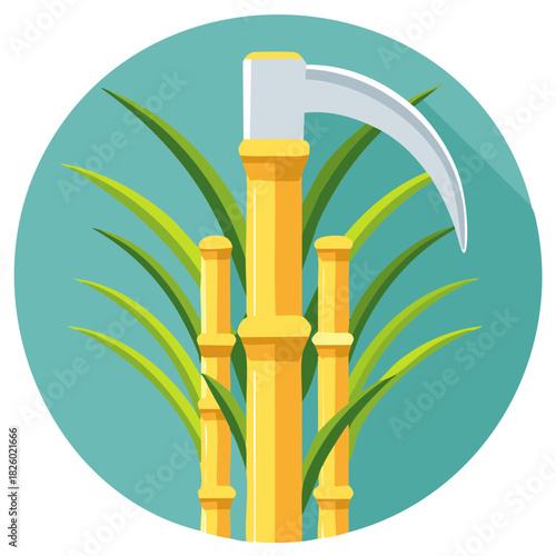 Sugarcane harvesting illustration with blade, graphic design in a round frame.