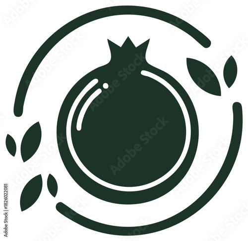 Stylized Pomegranate with Leaves: Green Fruit Emblem in a Circular Graphic