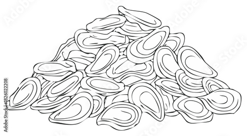 Sketchy pile of oysters in black and white illustration.