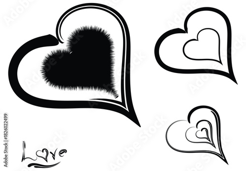 Stylized fuzzy heart design with bold outline shapes, Creative layered heart outline artwork with abstract decorative curves, Black abstract heart illustration with decorative layered outlines