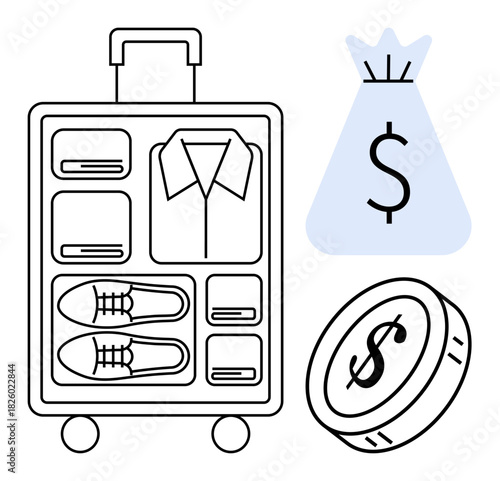 Travel suitcase packed with essentials, clothing, shoes alongside money symbols thumbs up bag and coin. Ideal for travel budgeting, financial planning, tourism, checklist, savings, organization