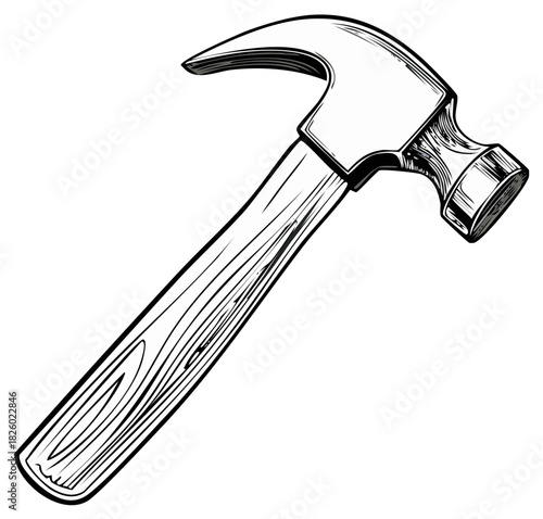 Vector illustration of a claw hammer tool, emphasizing the striking face, claw, and wooden handle with detailed wood grain texture.