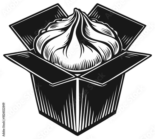 Traditional steamed dumpling in open takeout box vintage woodcut style