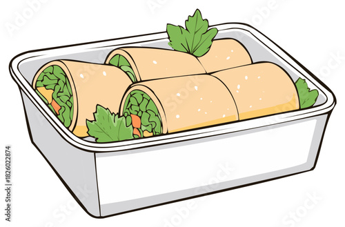 Illustration of a tray with spring rolls containing vegetables and herbs.