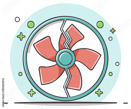 Illustration of a Cracked Circular Fan with Red Blades and Teal Frame
