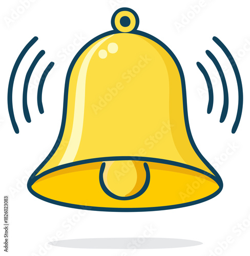 Yellow cartoon bell ringing with sound wave lines, alarm notification icon