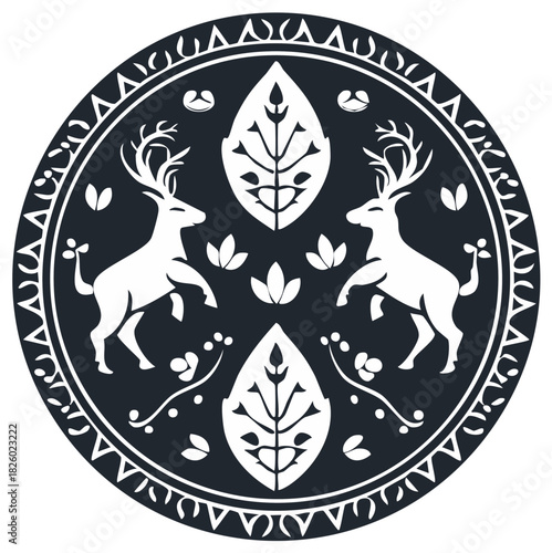 Ornate Deer Emblem with Leaves, Decorative Round Motif, Forest Wildlife