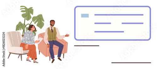 Two colleagues seated on chairs converse near a digital interface display. Ideal for collaboration, teamwork, remote work, communication, presentation, brainstorming, and learning processes. Simple