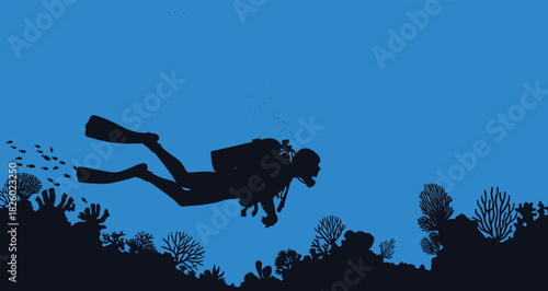 underwater, ocean, marine, silhouette, sea, diver, fish, coral, reef, turtle, nature, blue, biodiversity, ecosystem, aquatic, swimming, scuba, exploration, illustration, design