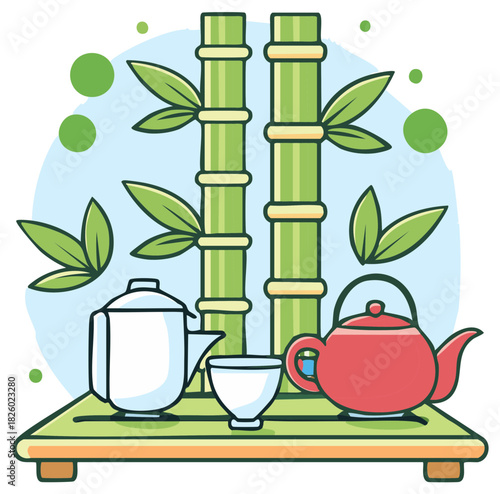 Cartoon tea ceremony set with bamboo and teaware.