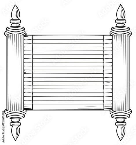 Old parchment scroll vector line art illustration showing vintage document with horizontal lines and decorative finial details, classic paper design