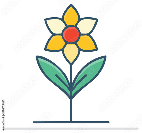 Vibrant simple flower icon with yellow petals red center and green leaves symbolizing nature growth