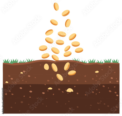 Planting gold coins into fertile soil a metaphor for financial investment and growing wealth