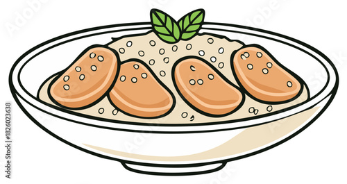 Cartoon bowl of food with large pieces of meat and garnish of herbs