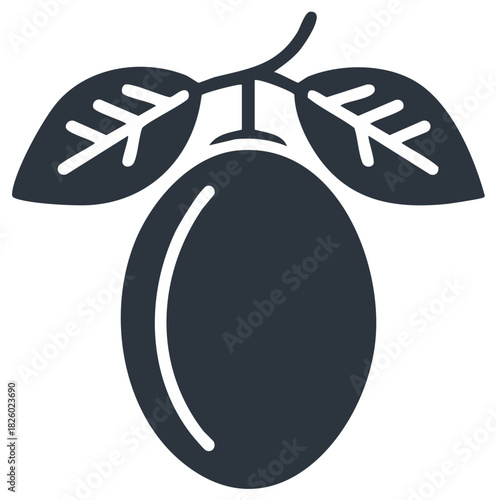 Stylized depiction of a plum fruit with leaves vector illustration, isolated on white background.