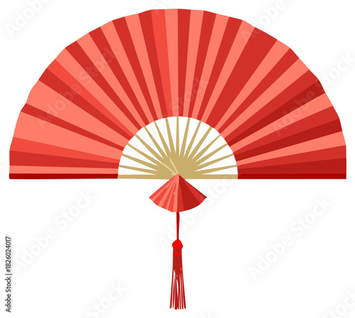 Traditional red paper fan with bamboo frame and decorative tassel for cooling