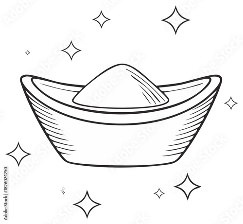 Chinese gold ingot with stars. Symbol of prosperity and wealth in sketch style.