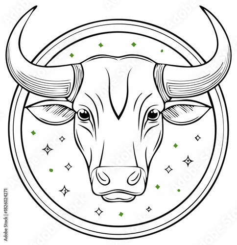 Stylized black and white bull head illustration with circular border and green accents