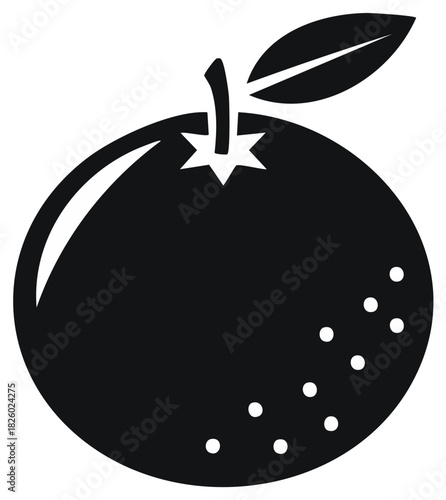 Orange Vector Illustration Icon Black and White Simple Design Round Fruit Citrus with Leaf Graphic