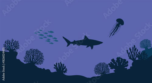 underwater, ocean, marine, silhouette, sea, fish, coral, reef, shark, jellyfish, nature, blue, biodiversity, ecosystem, aquatic, plants, swimming, illustration, environment, design