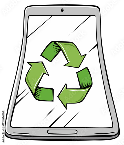 E-waste recycling concept with cartoon tablet and green arrows symbol on screen