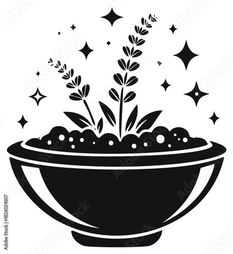 Aromatic Lavender Blooms in Bowl with Sparkle Elements Vector Illustration