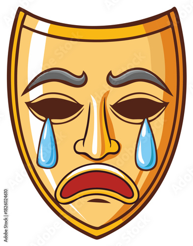 Sad Golden Theatrical Mask with Tears, Drama, Tragedy Illustration, and Unhappy Facial Expression