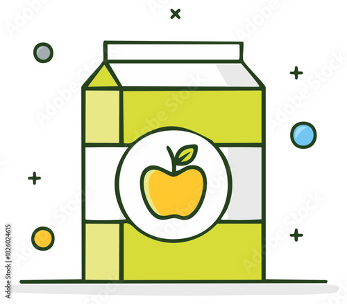 Stylized illustration of an apple juice carton with a circular apple graphic on it