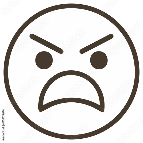 Angry emoticon with dark outline expressing negative emotion and dissatisfaction in a circle