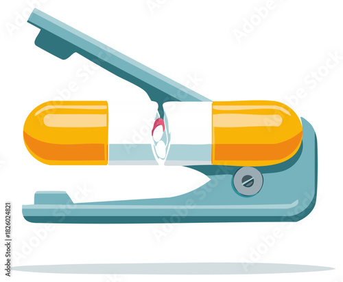 Stapler holding open capsule with white pills inside and orange ends