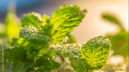 shallow. Fresh mint leaves with dewdrops in morning light, shallow depth botanical study. gardening catalogs, home-decor guides, designed for gardening and botanical catalogs, used by brand managers.