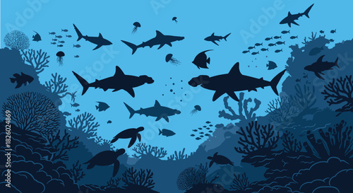 underwater, ocean, marine, silhouette, sea, fish, coral, reef, shark, turtle, jellyfish, nature, blue, biodiversity, ecosystem, aquatic, plants, swimming, illustration, design