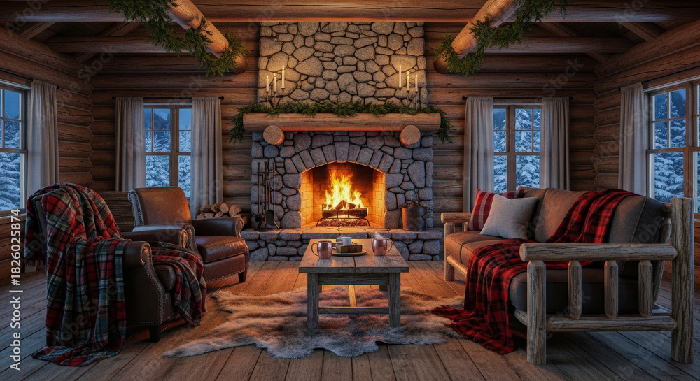 Naklejka premium Cozy log cabin interior with warm fireplace and plaid blankets on rustic furniture, winter landscape view through windows