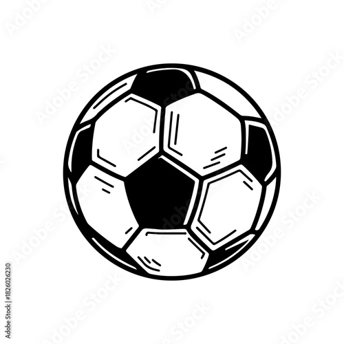 Black and White Sketch of a Classic Soccer Ball with Hexagonal Pattern and Detailed Stitching