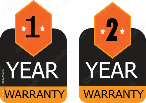 A graphic representation of a 1-year warranty badge, featuring an orange hexagon with the number 1 and a star, on a black background.