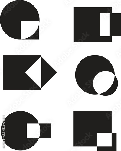 Six abstract black and white geometric shapes demonstrating positive and negative space, featuring circles, squares, and triangles.
