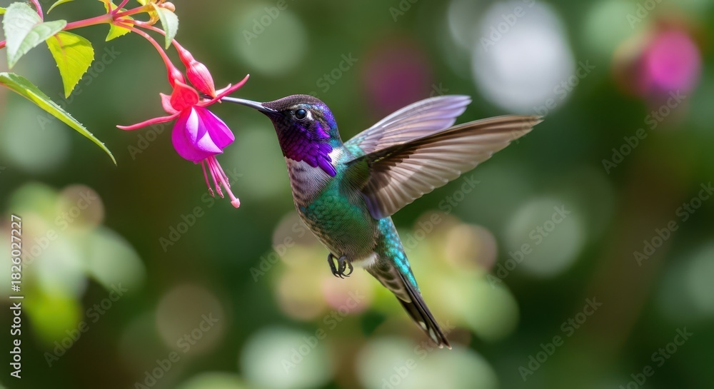 Obraz premium Costa's hummingbird feeding nectar from fuchsia flower displaying vibrant colors wings spread