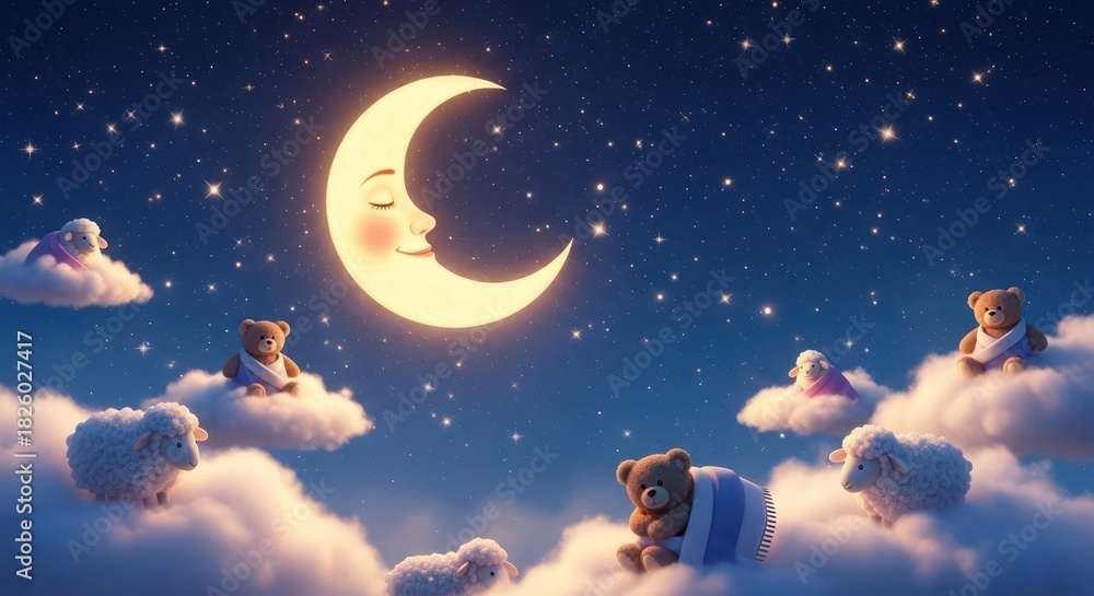 Naklejka premium Dreamy nighttime landscape with crescent moon, fluffy clouds, and adorable teddy bears and sheep