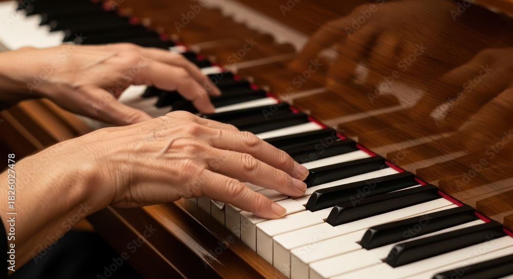 Fototapeta premium Hands playing vintage piano creating soothing music with an elegant reflection, skill and artistry