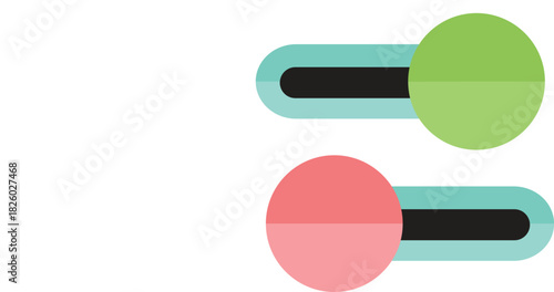 Two flat design toggle switches, one green and active, the other red and inactive, representing on/off states for user interfaces.