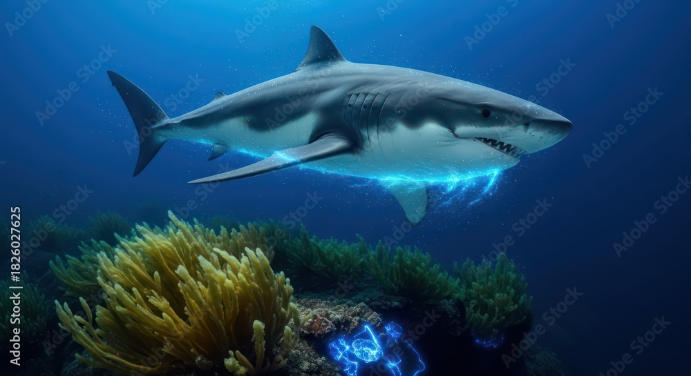 Obraz premium Majestic great white shark with ethereal bioluminescence swimming over vibrant coral reef