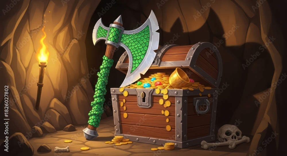 Naklejka premium Fantasy treasure discovery featuring a dragon scale axe guarding a hoard of gold coins