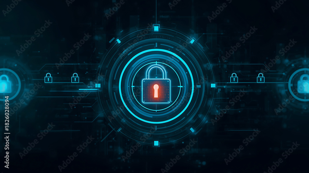 Fototapeta premium Cybersecurity Technology Abstract Background Featuring a Padlock within a Circular Data Transmission Network
