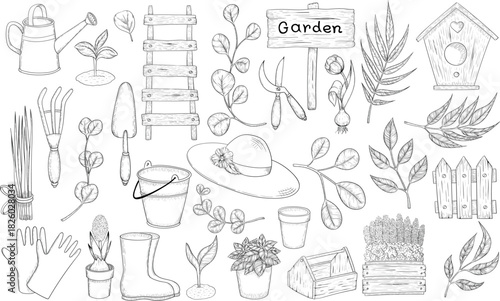 Black and white ink style vector illstration of gardening tools and supplies. Spring mood engraving for packaging, cards and decorative purposes