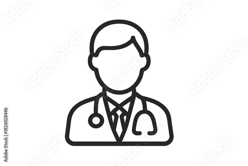 Outline drawing of a medical professional with stethoscope and lab coat