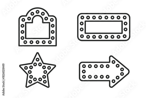 Vintage marquee light frames set with star, arrow, rectangular, and arched shapes