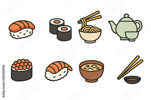 Popular Japanese cuisine icons set featuring sushi, ramen, miso soup, and teapot