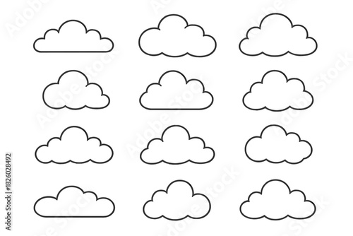 Collection of twelve different outline cloud shapes for weather forecast and graphic design