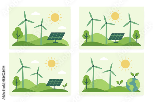 Sustainable energy concepts with wind turbines, solar panels, and nature conservation